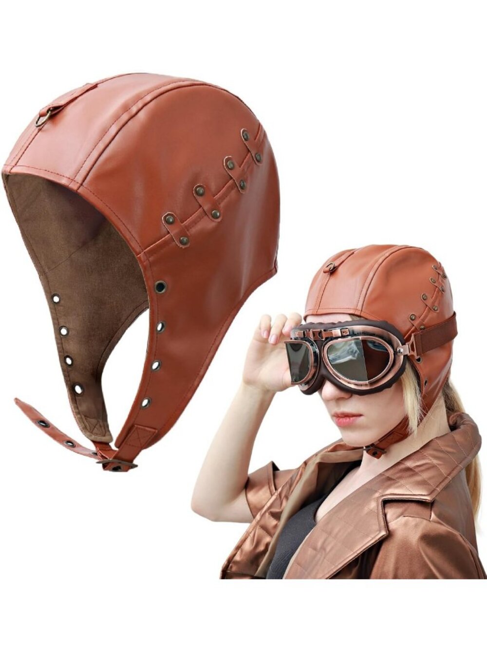 Vintage Steampunk Aviator Hat - Brown PU Leather Cap with Ear Flaps, Costume